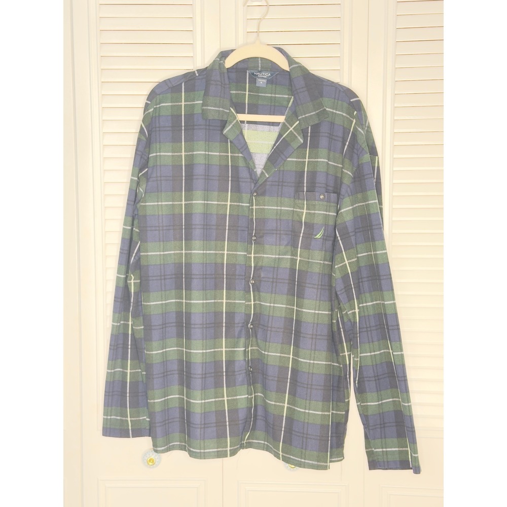 Nautica Men's XL Navy Green Plaid 2 Piece Pajama Set Sleepwear Lounge